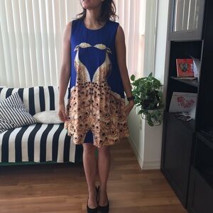 Pixie Market Beautiful Beaded / Embellished Silk Dress with a Peacock Print
